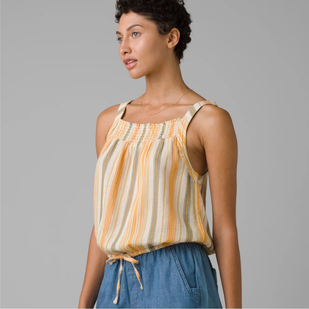 Prana Yellow and Cream Striped Smocked Tank Top